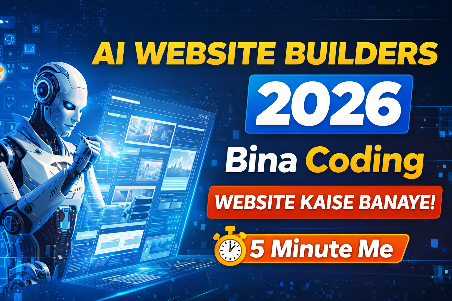 AI Website Builders 2026 thumbnail showing an Indian man surprised while creating a website in 5 minutes without coding using AI technology