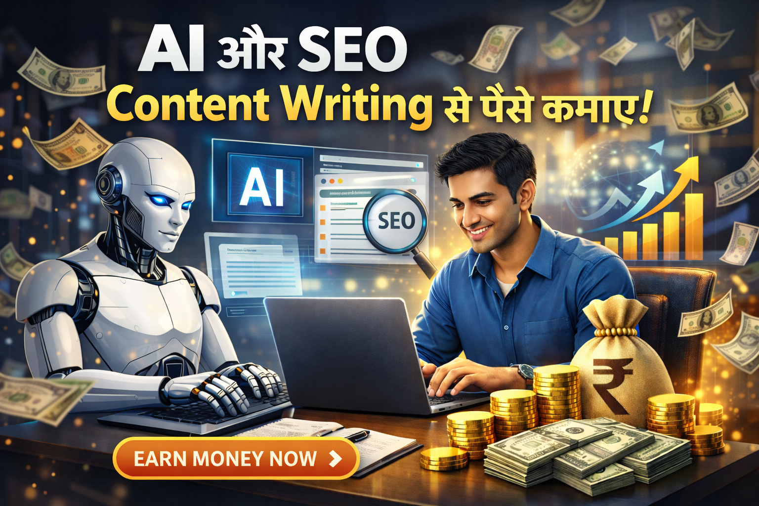 AI se content writing se paise kaise kamaye 2026 Hindi guide laptop par kaam karta ladka aur online earning concept