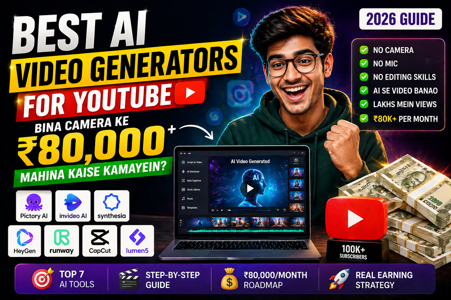 Best AI Video Generators for YouTube bina camera ₹80000 mahina earning 2026