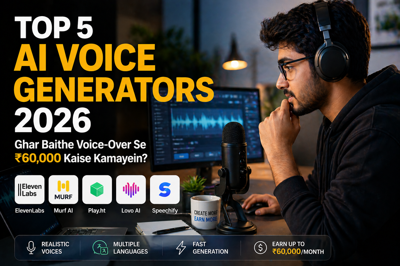 Best AI voice generators 2026 se ghar baithe voice over karke ₹60000 kamane ka tarika