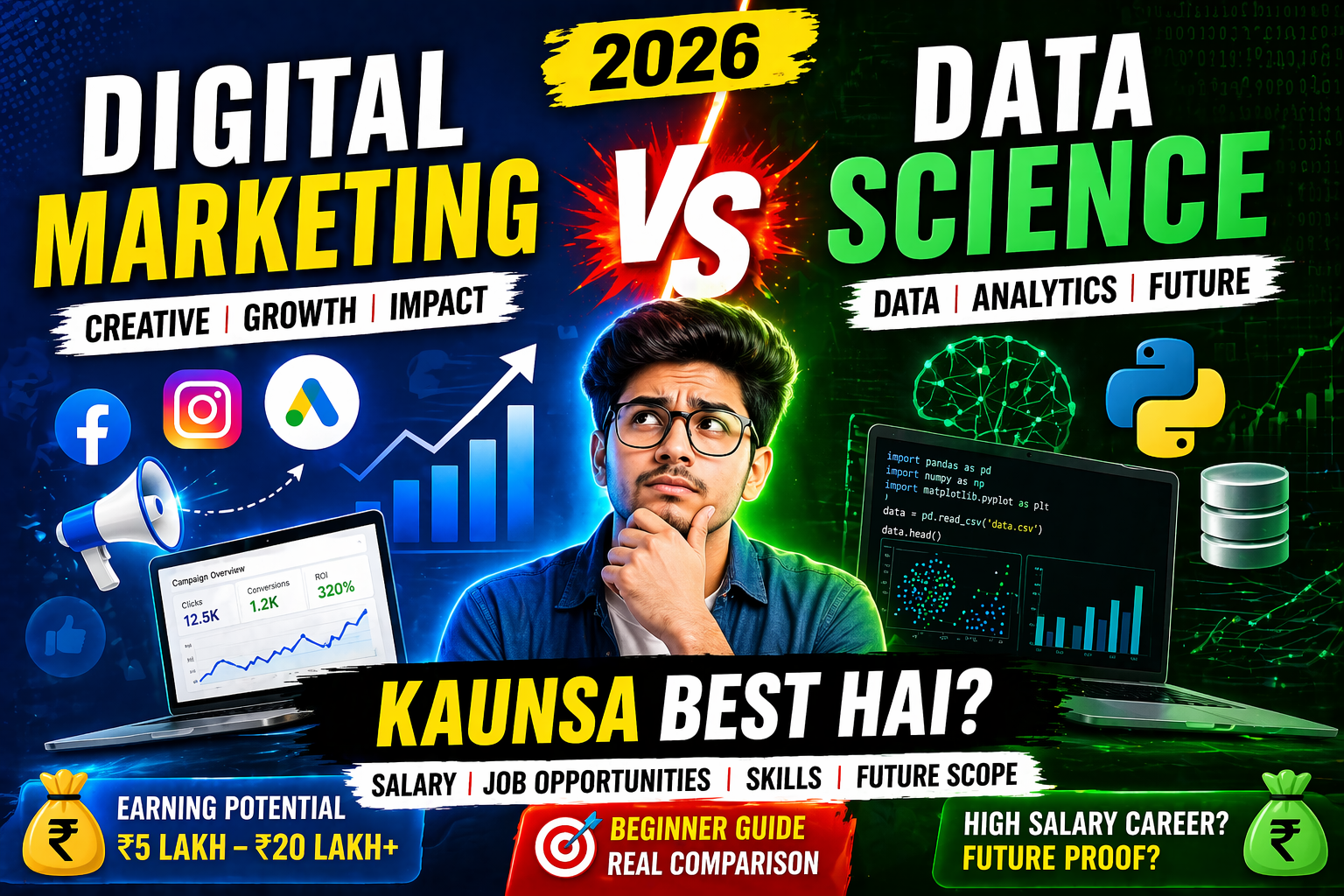 Digital marketing vs data science 2026 kaunsa best hai salary jobs skills comparison guide