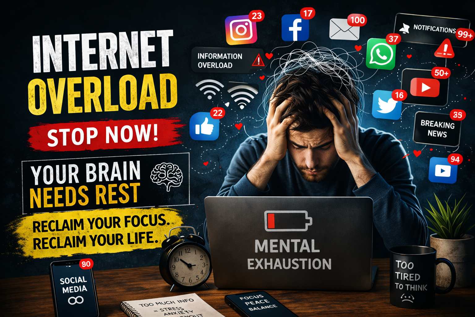 Internet overload se mental exhaustion aur digital stress ka effect dikhata hua image