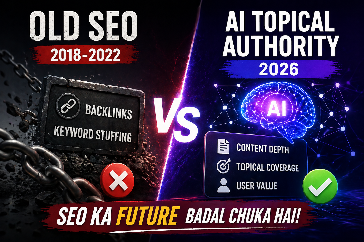 Old SEO vs AI Topical Authority 2026 comparison table backlinks vs content depth ranking factors explained