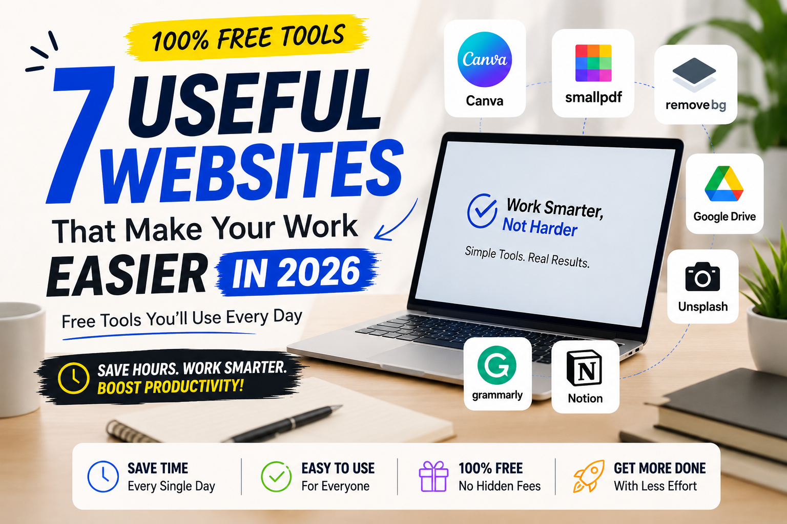 7 useful websites that make your work easier in 2026 including Canva Google Drive Grammarly Notion Smallpdf and Remove.bg