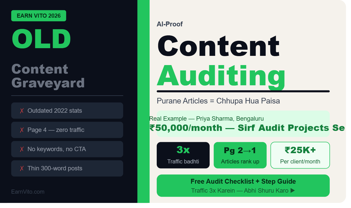 AI-Proof Content Auditing thumbnail showing old blog content update strategy for higher SEO traffic in 2026