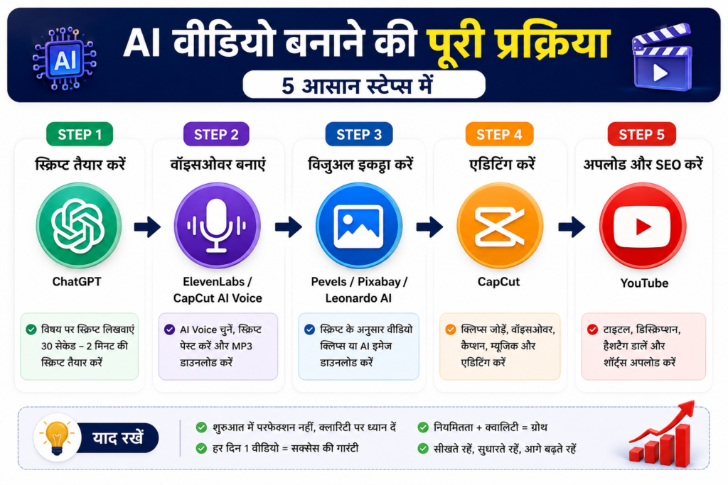 AI से YouTube वीडियो कैसे बनाएं? (2026 का सबसे आसान तरीका) ai se youtube video kaise banayein process.jpg