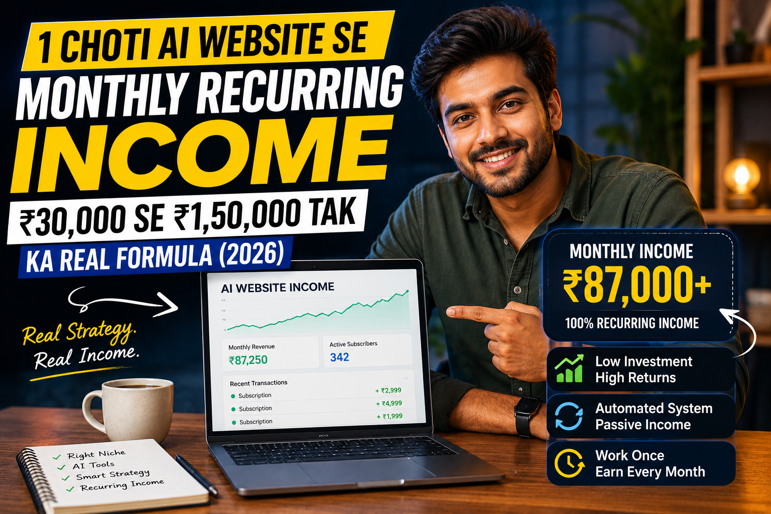 AI website se monthly recurring income 2026 featured image showing Indian creator earning ₹87,000 monthly using AI tools and passive income website strategy