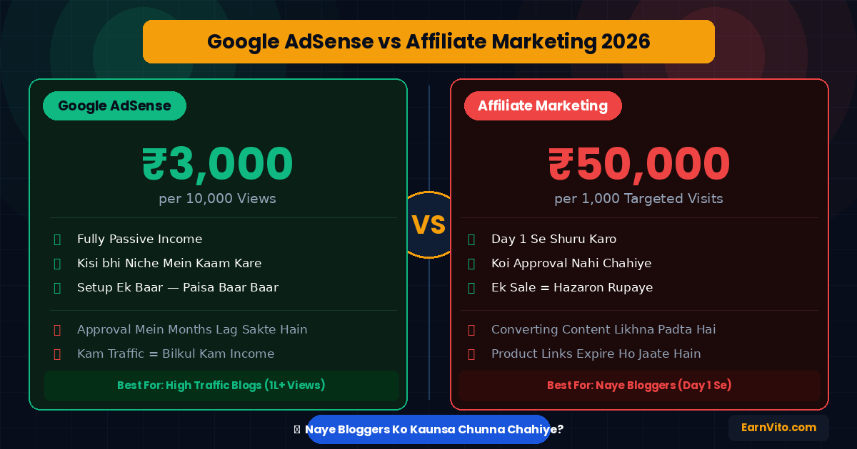 Google AdSense vs Affiliate Marketing 2026 — Naye Bloggers Ke Liye Best Kaunsa Hai Complete Comparison Guide EarnVito