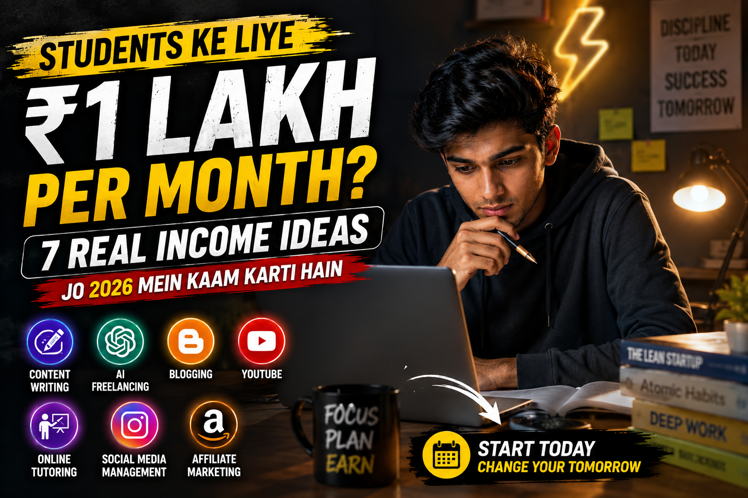 Laptop par kaam karta student aur online earning ideas 2026