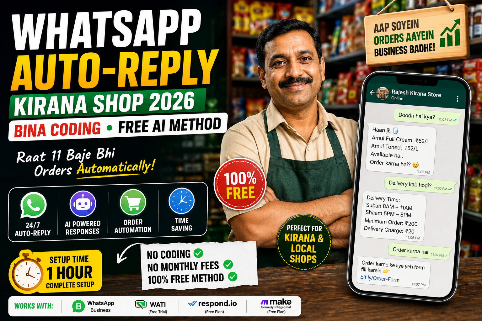 WhatsApp auto-reply kirana shop bina coding 2026 — free AI method se 1 ghante mein complete setup