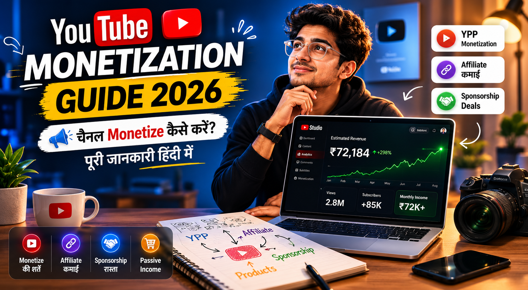 YouTube Monetization Guide 2026 Hindi thumbnail showing channel monetize process, affiliate income, sponsorship earning and YouTube revenue growth