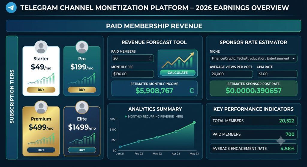 Telegram Channel Monetization 2026: ₹50,000+ महीना कमाने का Honest Guide telegram channel monetization platform 2026 dashboard