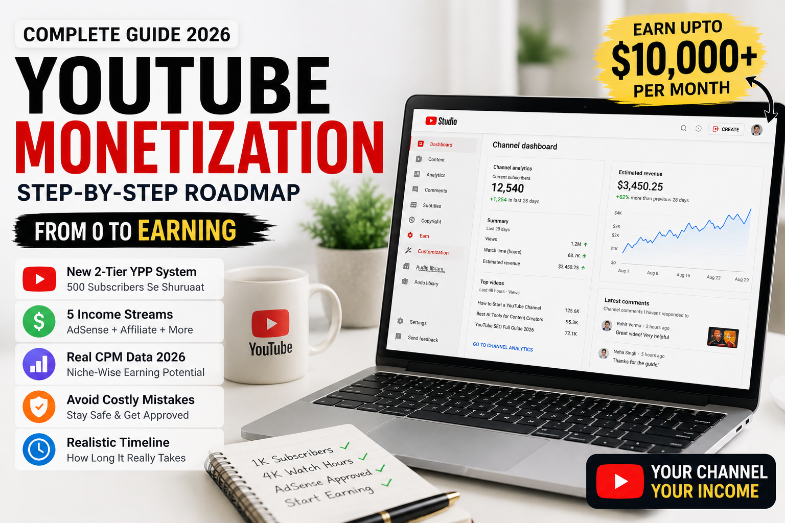 YouTube Monetization Guide 2026 showing YouTube Studio dashboard, AdSense approval process, YPP requirements, watch hours, subscribers, and creator earnings roadmap.